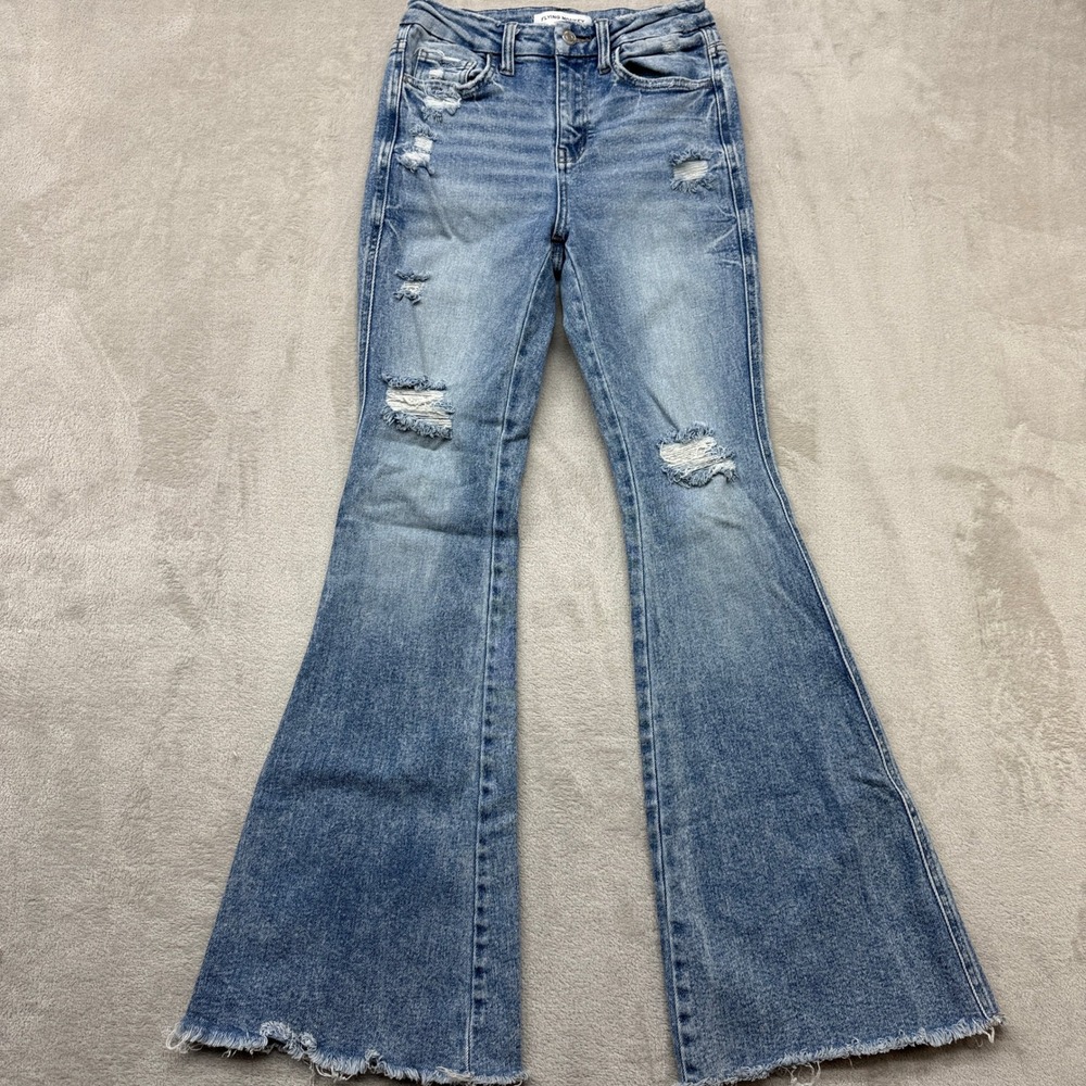 Flying Monkey Jeans Women's 24 Flare Hi Rise Distressed Raw Hem Light Wash Denim
